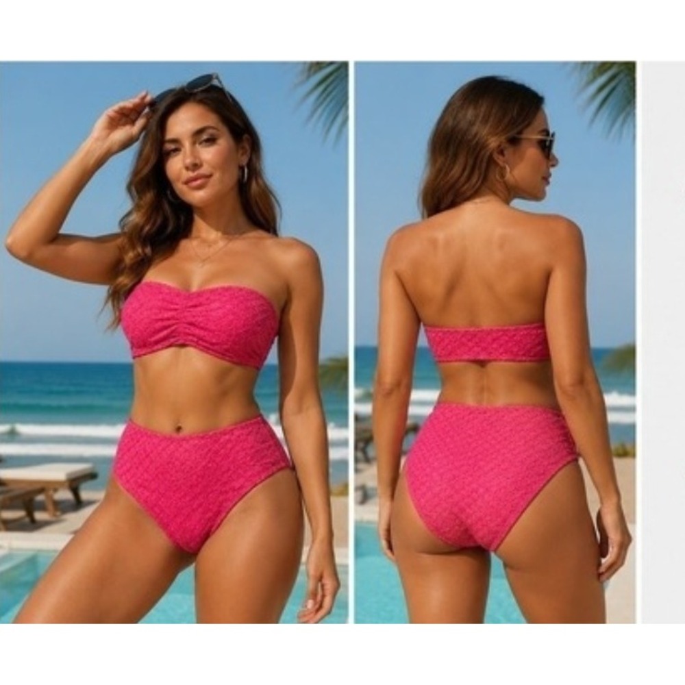 Andie 2pc Bikini Set Women M Pink Begonia Eyelet Bandeau Beachy Resortwear